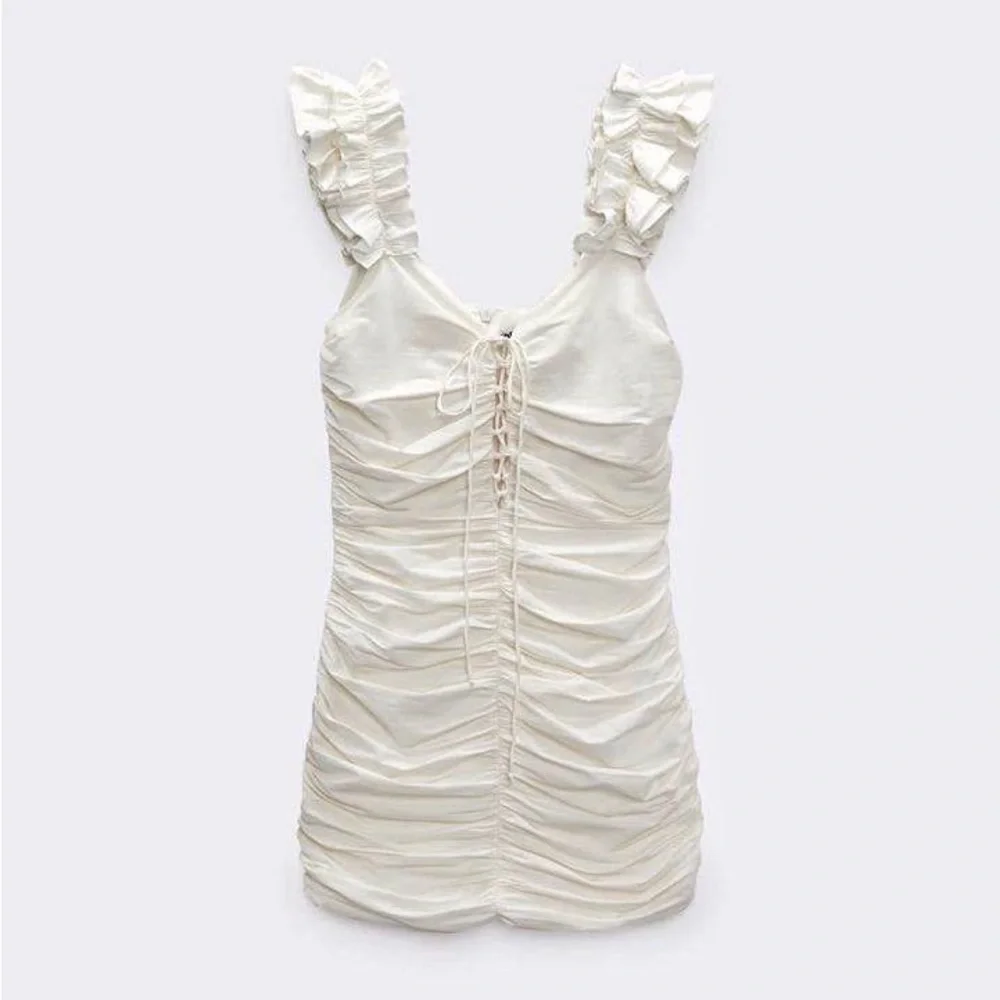 Zara Cream Ruched Mini Dress with Ruffle Straps - Picture 2 of 16